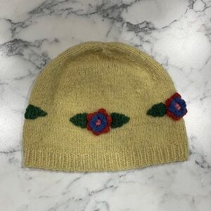 Yellow Hand Knit Wool Kids Beanie with Floral Design
